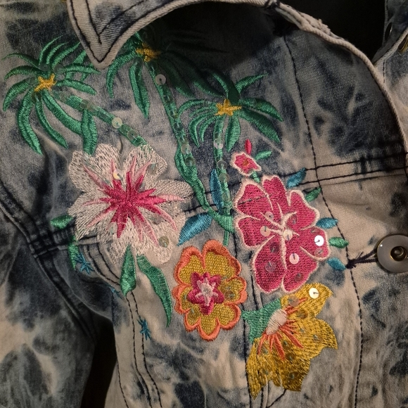 Retro Y2K Embroidered Sun Bleached Denim Jacket Diane Gilman 90s Tropical - Picture 4 of 7